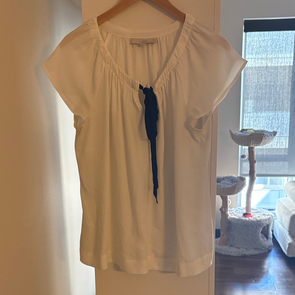 LOFT White Blouse with Dark Blue Tie